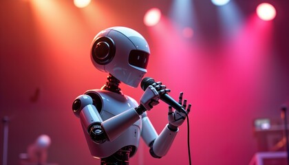 Robot on stage holds microphone. Robot performs on concert. Modern tech musical act. Futuristic entertainment. Artificial intelligence performer. Stage light illuminates figure. Concert venue. Music