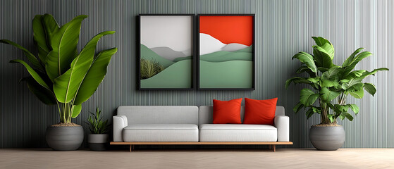 Stylish living room design featuring modern artwork and lush greenery contemporary home decor indoor space bright environment aesthetic viewpoint for home inspiration