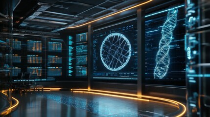 High-tech 3D Visualization of DNA Structures Displayed on Modern Digital Screens in a Futuristic Laboratory Environment