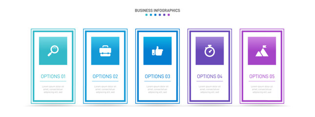 Horizontal progress bar featuring 5 arrow-shaped elements, symbolizing the five stages of business strategy and progression. Clean timeline infographic design template. Vector for presentation