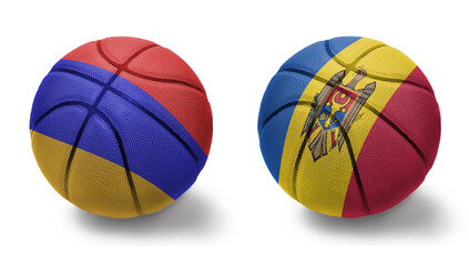 Obraz premium basketball balls with the national flags of moldova and armenia on the white background.