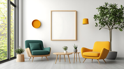 Contemporary living room design with colorful furniture and greenery modern home interior natural light minimalist style cozy atmosphere for relaxation