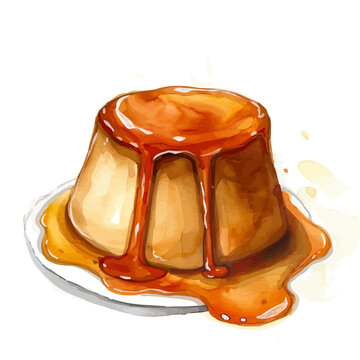 watercolor caramel flan dessert on plate clip art preview