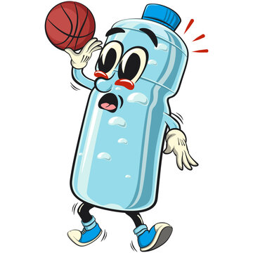 recommend clip art: water plastic bottle cartoon mascot character playing basketball, vector illustration isolated, work of hand drawn