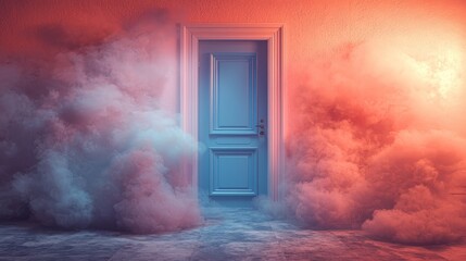 A mysterious door surrounded by colorful fog, evoking a sense of intrigue and wonder.