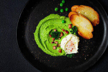 Mashed peas, with boiled egg, fried bacon, toast, baguette, breakfast, homemade , no people,