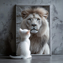 Small Kitten Sitting with Its Back to the Camera, Gazing into a Mirror Reflecting a Lion, Symbolizing Growth and Inner Strength