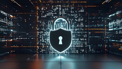 Illuminated lock and shield against a digital grid background, representing data protection and safe networks, concept of online privacy and security for world password day