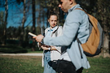 Young students with books discussing academic topics in a park on a sunny day, reflecting post-exam relaxation and camaraderie.