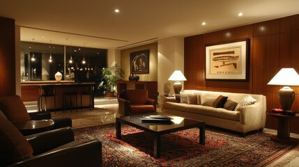 Quiet luxury living room with sophisticated accents and plush furniture. Soft rugs and layered lighting create a warm, inviting atmosphere ideal for unwinding and enjoying moments of comfort.