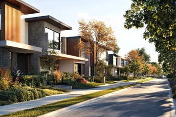 Row of modern suburban homes on a sunny day.