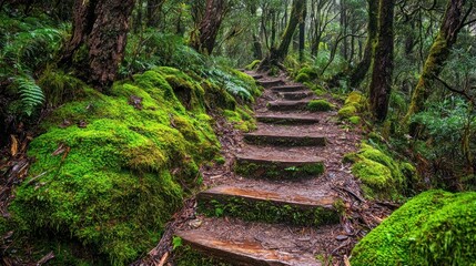 Scenic trail through a lush rainforest in Tasmaniaa??s Peninsula.