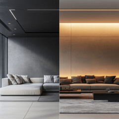 a photo of a luxury modern high end living room. half the photo is in daylight