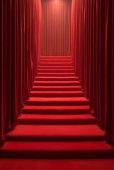 Red carpet leading to the staircase with lighting and curtains