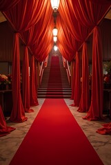Fototapeta premium Red carpet leading to the staircase with lighting and curtains