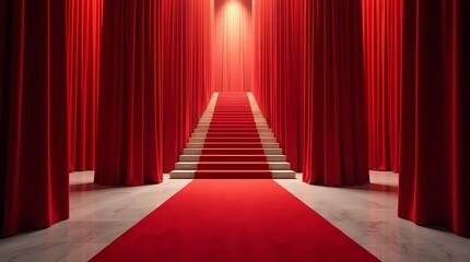 Red carpet leading to the staircase with lighting and curtains