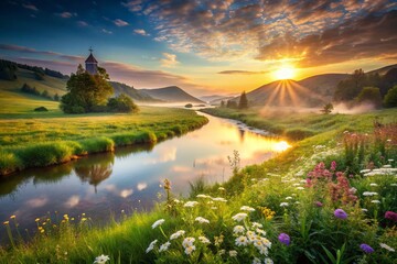 Fototapeta premium Serene Landscape Embracing Faith and Love: A Tranquil Scene of Nature's Beauty at Sunrise with a Gentle River Flowing Through Verdant Hills, Symbolizing Connection and Hope