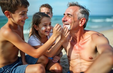 Family on beach applying sunscreen. Children help father. Sunny day. Ocean shore. Summer vacation. Happy family time. Kids play with dad. Fun on beach. Protect skin from sun. Family fun.