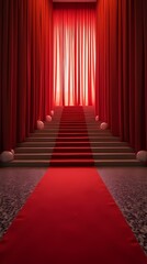 Red carpet leading to the staircase with lighting and curtains