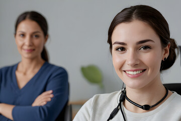 Smiling customer service representative wearing headset with supervisor in background