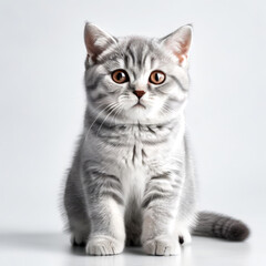 Cute Grey Kitten British Shorthair Cat Close-up Stock Photo with White Background