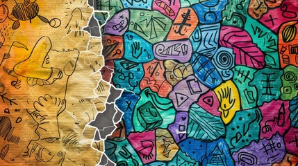 A torn paper effect background on the left side, symbolizing the breaking down of barriers