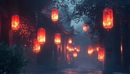 A serene evening scene illuminated by glowing red lanterns. Mist envelops the peaceful street, evoking a sense of tranquility and cultural richness in a traditional setting.