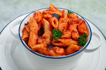 Penne pasta, with shrimp in tomato sauce, close-up, no people,