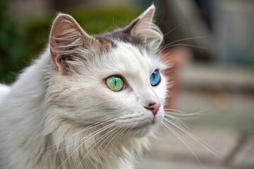 Fototapeta premium Close-up of a White Cat with Heterochromia (Green and Blue Eyes) Outdoors