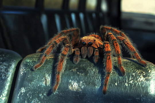 A large tarantula between the seats
