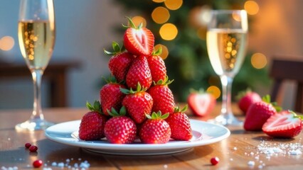 Christmas tree made of strawberry slices and whole strawberries on the New Year's table