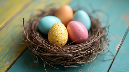 Obraz premium Nest with lovely Easter eggs set against a colorful background close up. with copy space image. Place for adding text or design