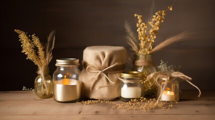 Candles Jars Burlap Gift Dried Flowers Wooden Tabletop