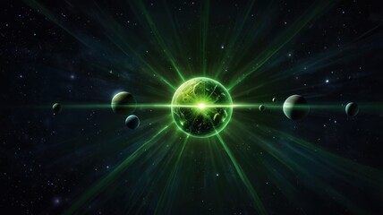 Fototapeta premium Here's a and keyword list for your stock photo... Glowing green planet at the center of a star system.