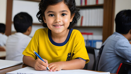 Smiling indian pupil writing on notebook at school desk