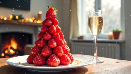 Christmas tree made of strawberry slices and whole strawberries on the New Year's table