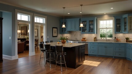 Sunlit kitchen with blue cabinets, island, hardwood floors, and view to living room.