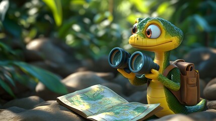 A vibrant cartoon character with binoculars and a backpack, eagerly exploring the wilderness while studying a map. The lush green background enhances the adventurous theme.