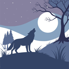 Wolf howling silhouette illustration at the midnight moon
