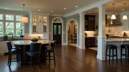 Fototapeta premium Spacious kitchen with island, hardwood floors, and arched doorways leading to dining area.