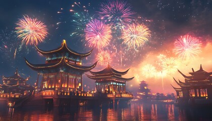 Fototapeta premium A vibrant festival scene depicting colorful fireworks illuminating traditional architecture by the water, creating a magical atmosphere for celebration and cultural appreciation.
