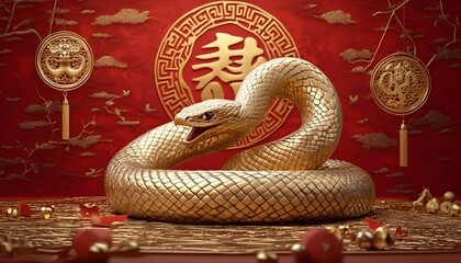 A vibrant golden snake surrounded by festive decorations and symbols of prosperity.
