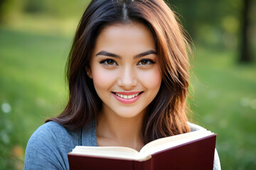 Beautiful student girl smiling and reading a book in the park