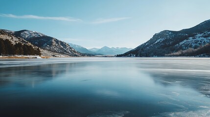 A serene winter landscape featuring a frozen lake surrounded by snow-capped mountains.