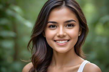 Beautiful young woman smiling with perfect white teeth in nature
