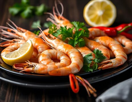 Delicious shrimps fodd on a dark background