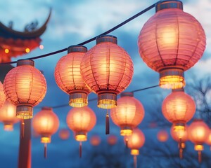 Obraz premium Beautifully lit paper lanterns hanging in a serene twilight setting, creating a warm and inviting atmosphere. Perfect for illustrating cultural festivals and celebrations.