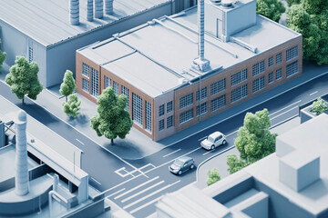 Urban Scene of a Car Driving Down a Street Towards a Factory, Highlighting Industrial Architecture and City Life