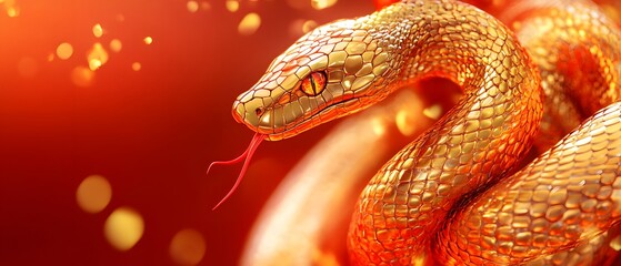 Obraz premium Close-up of a stunning golden snake with intricate scales and a vibrant background. This image highlights the beauty and elegance of reptiles in nature.