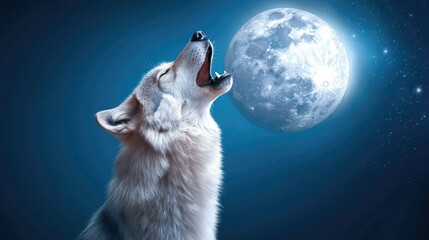 Majestic Wolf Howling Under Full Moonlight in a Starry Night Sky, Evoking a Sense of Wilderness and Natural Beauty, Perfect for Wildlife and Nature Themes
